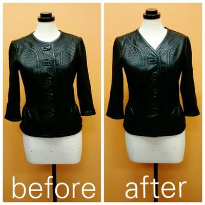 Re-cut neckline in leather jacket.