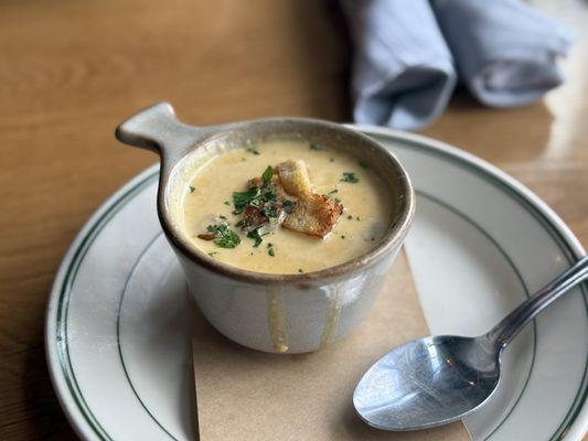 Ale & Cheddar Soup 11/2024 - the (bread) croutons were stale, not crunchy, but chewy.