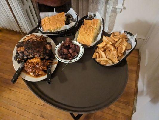 Group Platter with added burnt endz, fries and cornbread.