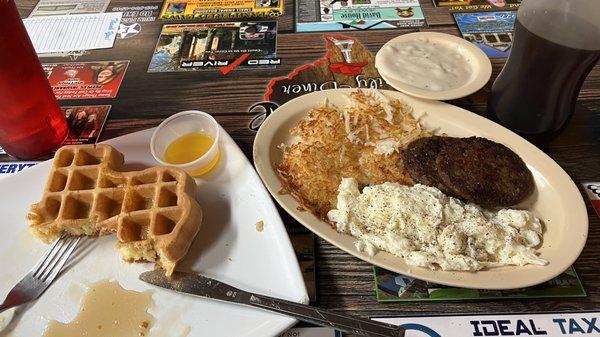 Waffle, sausage, hash browns, eggs