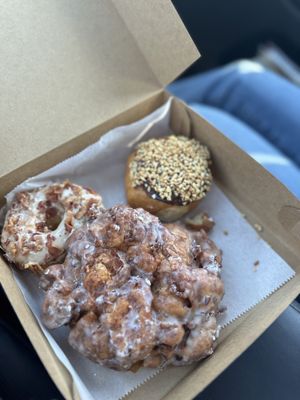 Apple Fritter, Maple Bacon Donut, Crème filled Donut w/ Chocolate Icing & Peanuts