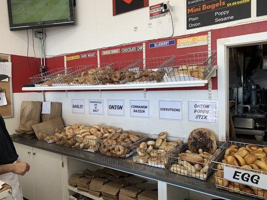 Half of the selection of bagels and bialys.