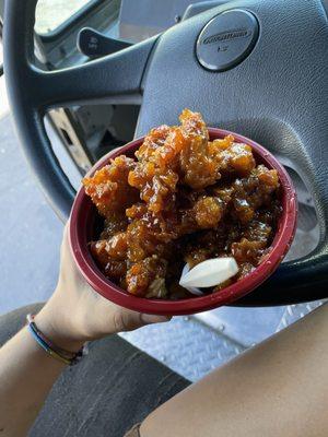 Orange chicken and white rice! Most tender and crunchy bites you can get. In love with all the food here but this may top it all.