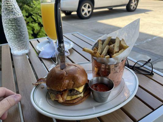 Saturday morning brunch burger and fries with a mimosa.