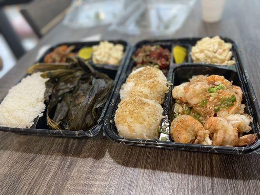 10 Pieces Garlic Shrimp and Shoyu Poke Bento, Lau Lau and Salmon Poke Bento