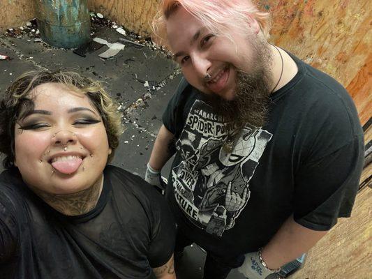 Two sweaty punks after smashing some stuff