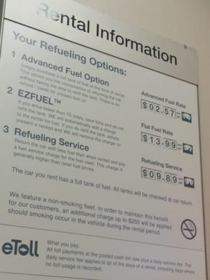 Repeat after me, "Let's gouge our customers."  Avis on Howard charges a whopping $9.89 per gallon if you don't fill up.