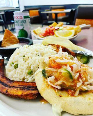 pupusa, rice, beans and plantains