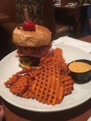 Little piggy with a side of sweet potato fries.