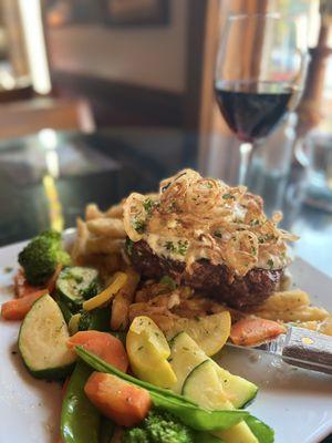 NY steak, vegetable medley, and truffle fries