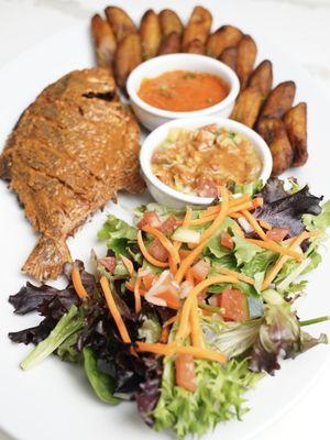 Grill Golden pompano with salad and plantains