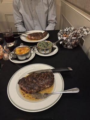 Ribeye, au gratin potatoes and creamed spinach,