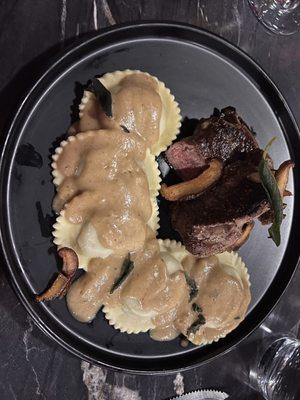 Fillet mignon with mushroom ravioli.