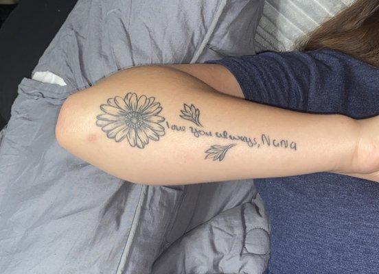 This was my first tattoo. She tattooed my nana's handwriting perfectly.