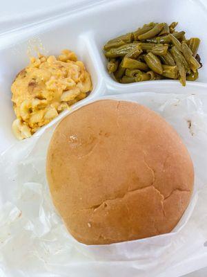 Mac n Cheese, burnt ends Sammy, green beans