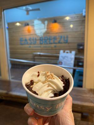 Regular tart frozen yogurt w/hot fudge topped with almonds