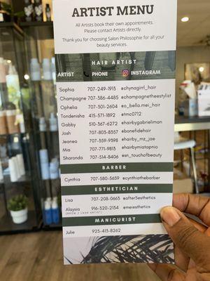 New Artist Menu included Barber & Esthetician