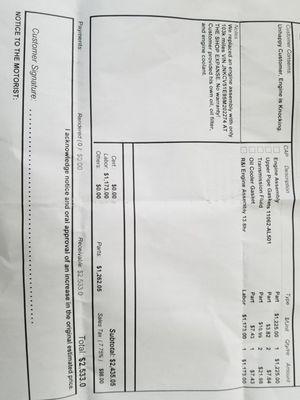 Invoice of labor and equipment purchased by AAA smog shop!