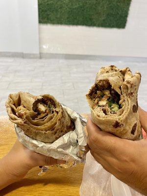 Chicken Shawarma wrap left, Chicken Shawarma with Falafel wrap right