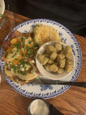 Maple bacon chicken, fried okra and hash brown casserole...the chicken was flavorful but very dry.