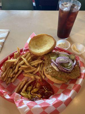 Tenderloin sandwich w/ fries and ice tea.