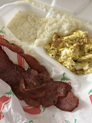 Grits, burnt eggs, cold turkey bacon