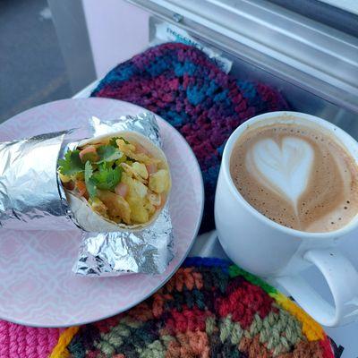 "Migas Tacos" paired with a Wandering Goat Coffee beverage.