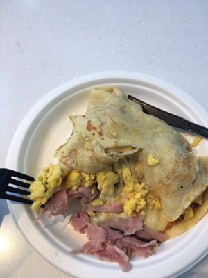 Huge breakfast crepe with real cheese, fluffy eggs, and a really tasty ham