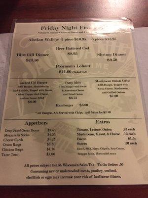 Friday Fish Fry Menu