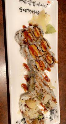 left, sweet potato roll. right shrimp tempura