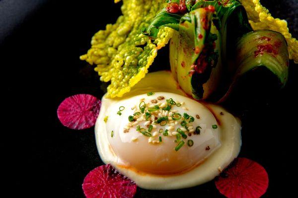 THE PAN ASIAN EGG, soft coddled farm egg, bok choy, ginger, rice cracker