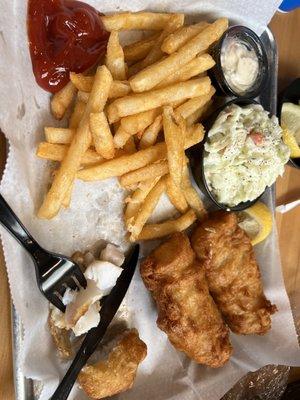 Beer battered cod with Cole slaw & beet battered fries.