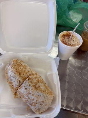 Vegetarian burrito and elote cup