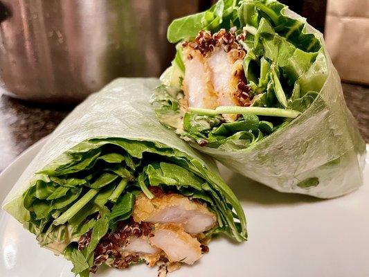 Spicy Garlic Shrimp in rice paper wrap. Delicious. Eat this same day, otherwise the wrap hardens.