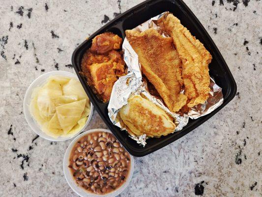 Catfish, Sweet Potatoes, Cabbage, Black-eyed Peas, Hot Water Cornbread