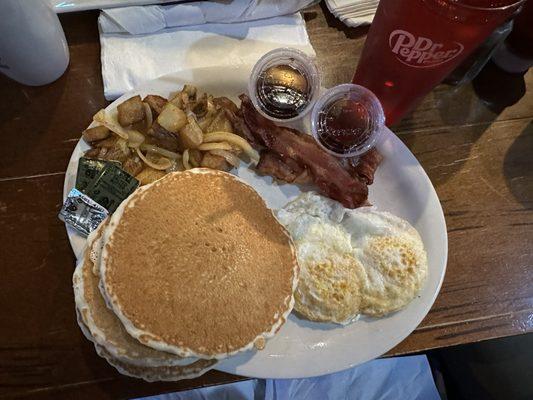 Pancakes and eggs with potatoes. Everything was very good - needed more syrup -easy to