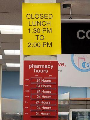 Pharmacy is closed between 1:30pm to 2pm daily 5.27.23