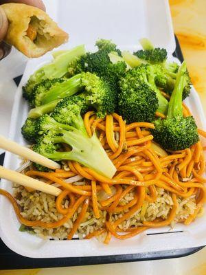 Fried rice, chow mein and stir fried vegetables.