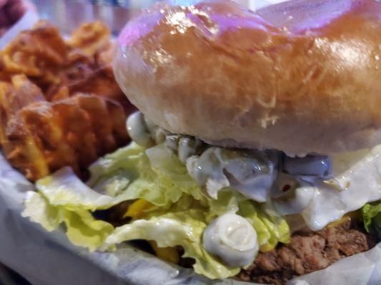 Olive burger and waffle fries