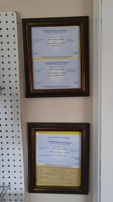 This is a photo of the operating licenses for the clinic.