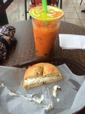 My favorite here is a warmed onion bagel with cream cheese and a Thai iced tea boba