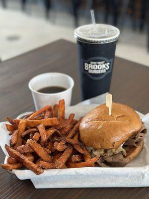 Tri-Tip Dip sandwich with sweet potato fries