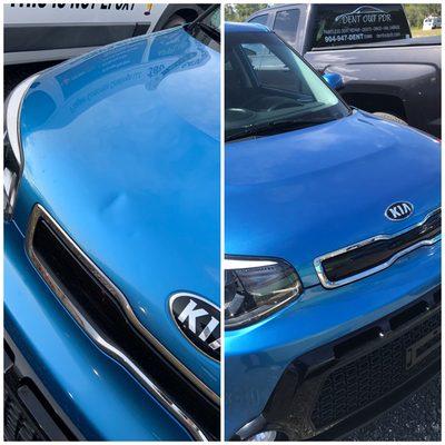 Kia hood original paint saved with Paintless Dent Repair