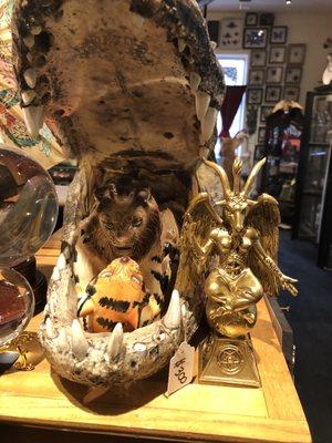 Giant alligator (?) head eating (?) a tiger next to a Baphomet goat statue rep'in solve et coagula... this place is one of a kind!