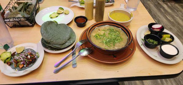 One chicken taco and pazole.. Both were flavorful and plentiful..