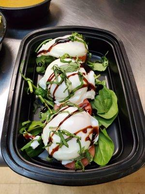 Caprese Poached Eggs, Fresh Tomato, Mozzarella, Fresh Basil, Balsamic Reduction