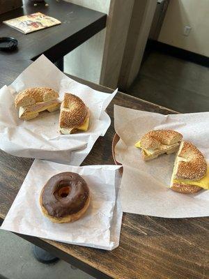 OG Bagel Breakfast Sandwich, chocolate donut