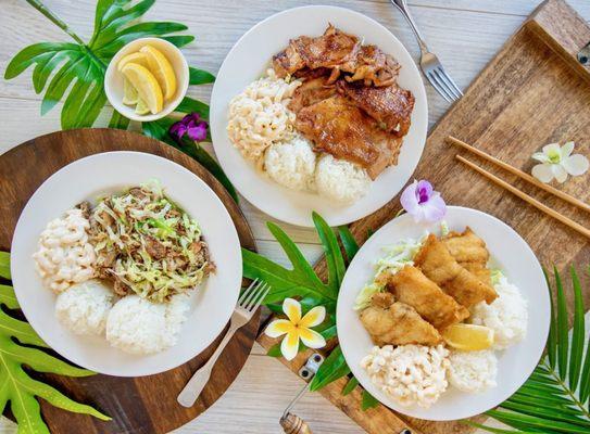 L to R: Pulled Kalua Pork plate, BBQ Chicken plate, Fried Fish plate. All plates include macaroni salad and steamed white rice.