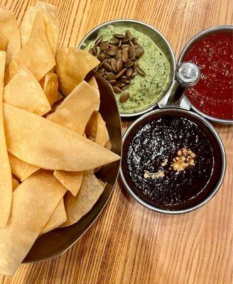 Chips with Zucchini, House Tomato, and Tres Chiles Salsas