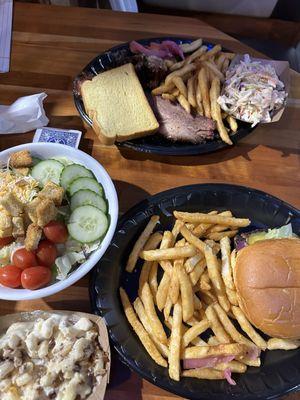 fresh salad, burger, fries, mac and cheese